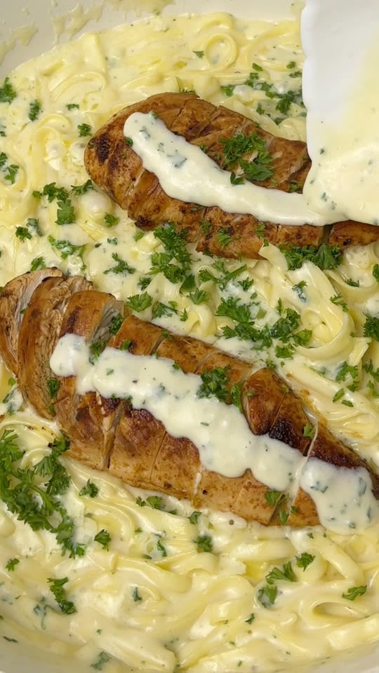 10-minute grilled chicken fettuccine Alfredo