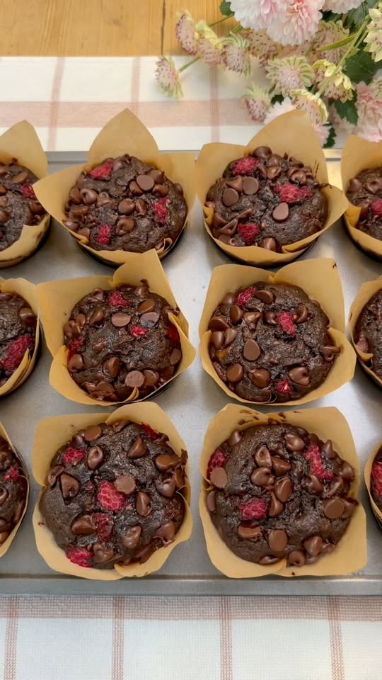 Double Chocolate Raspberry Banana Muffins