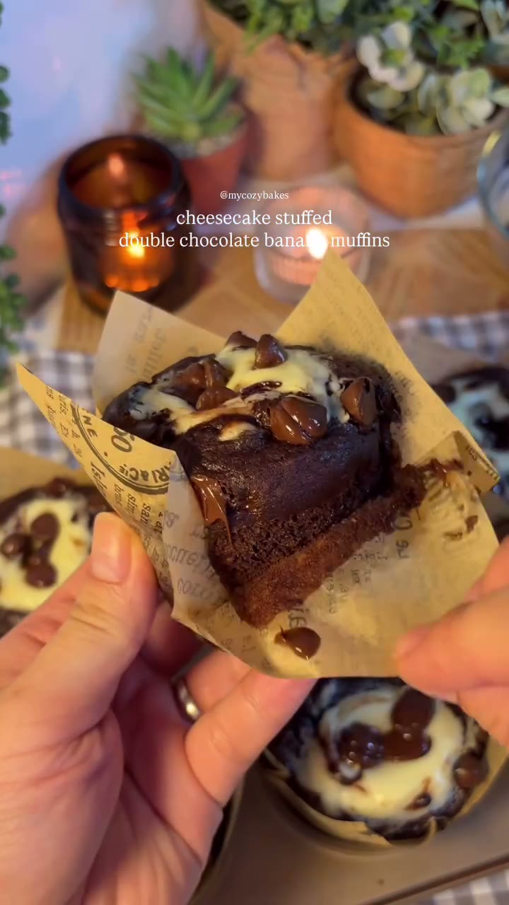 Cheesecake Stuffed Double Chocolate Banana Muffins