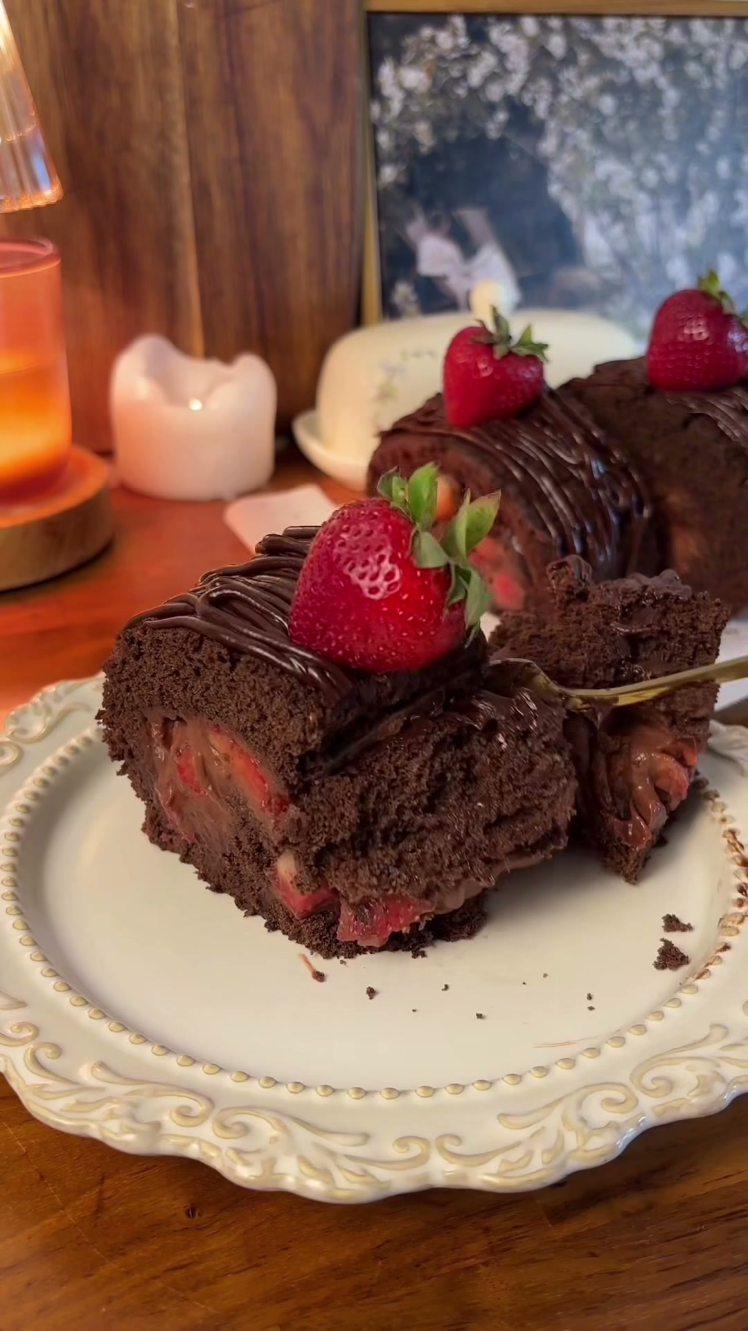 Chocolate strawberry roll cake
