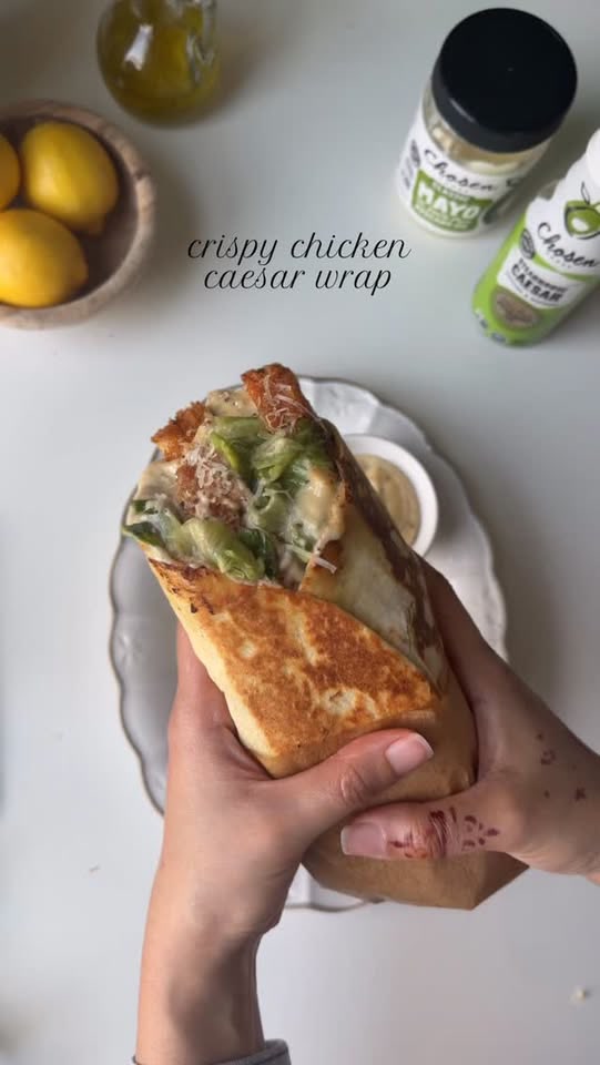 Crispy chicken Caesar wrap toasted to golden perfection using @chosenf