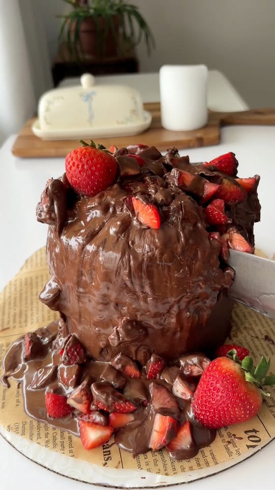 Rustikale Schokoladentorte mit Erdbeeren und Ganache