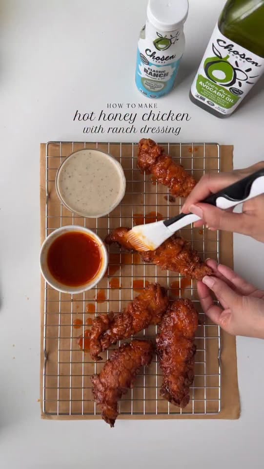 These hot honey chicken tenders paired with @chosenfoods classic ranch